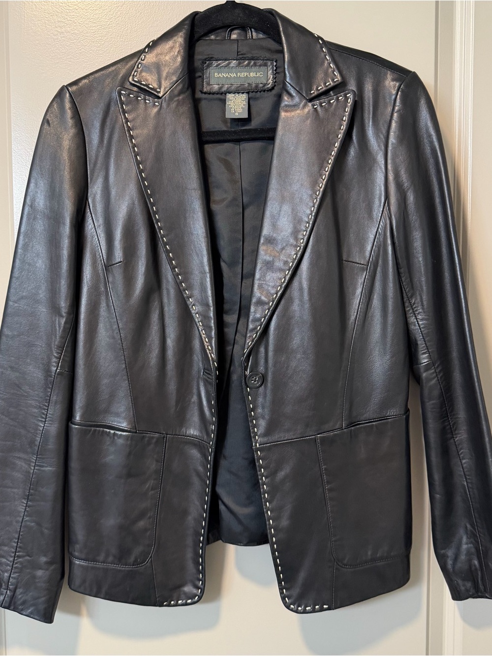 Banana Republic Women's Black Leather Blazer White Stitching Sz 6 Single Button
